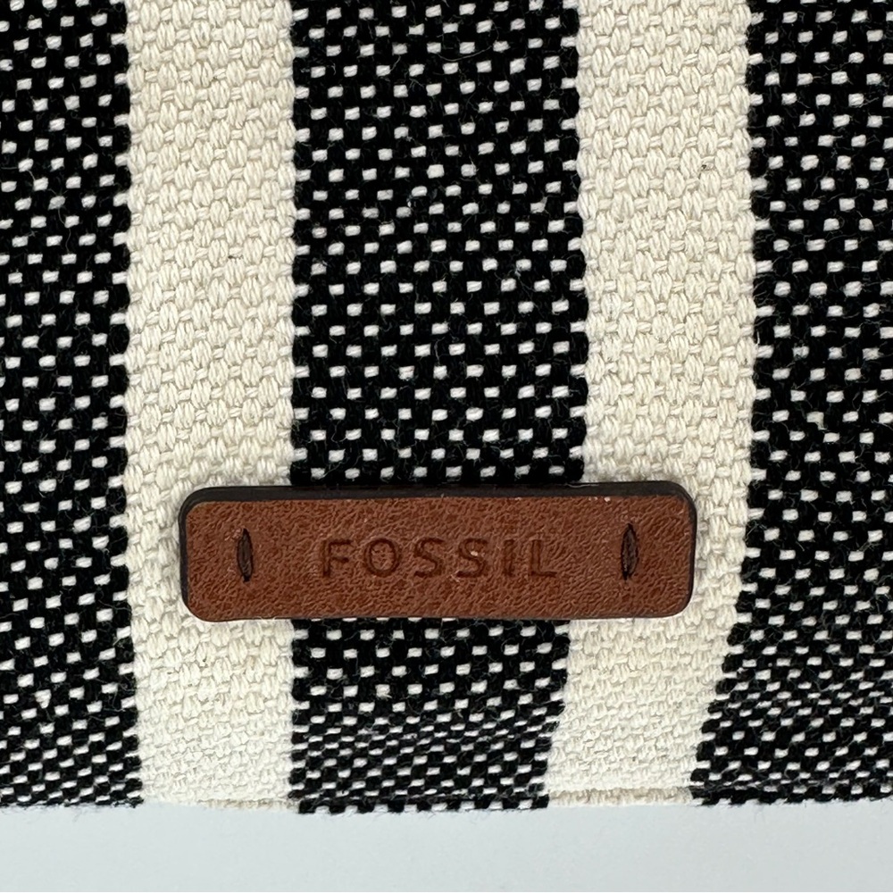 Fossil Stripe Canvas Tote Black Cream Leather Straps Purse Handbag - Picture 6 of 16